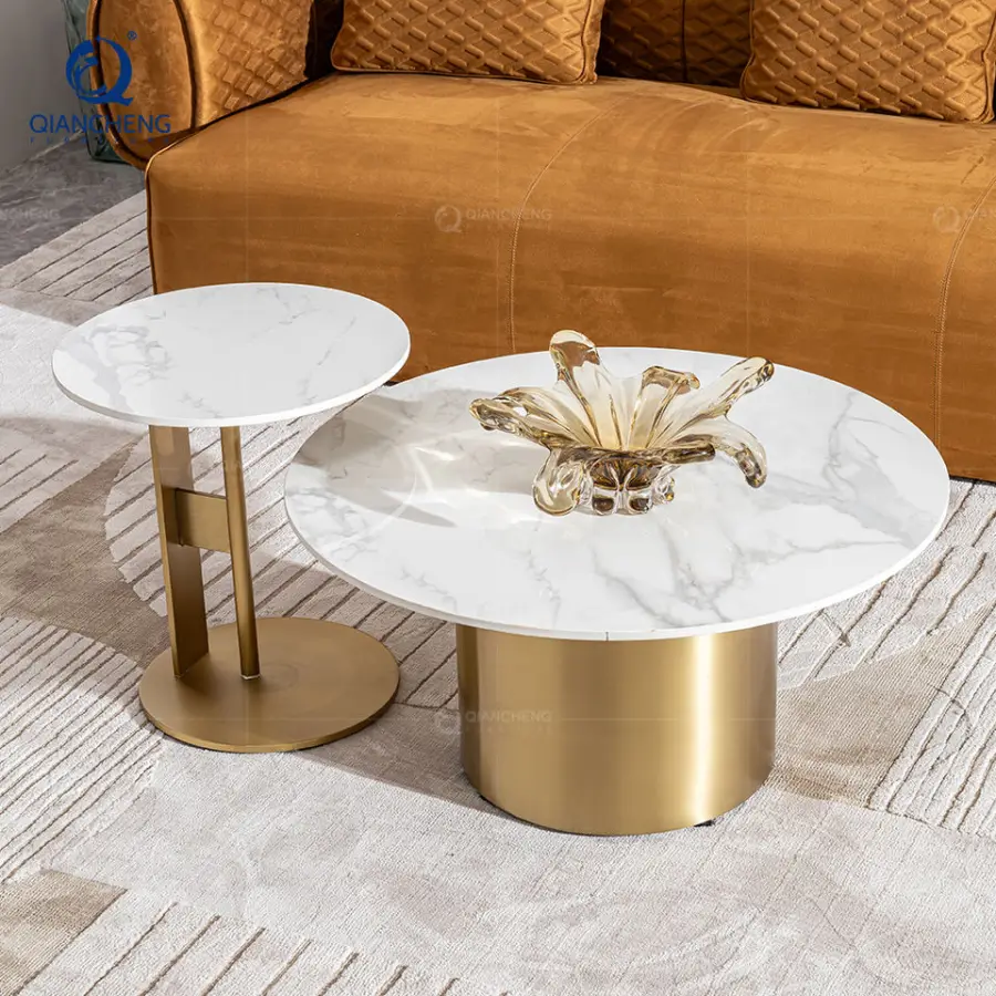 Contemporary Large Round Nesting Sofa Side Coffee Table Set of 2 Nordic Minimalist Luxury Rock Board End Table for Livin — view 1