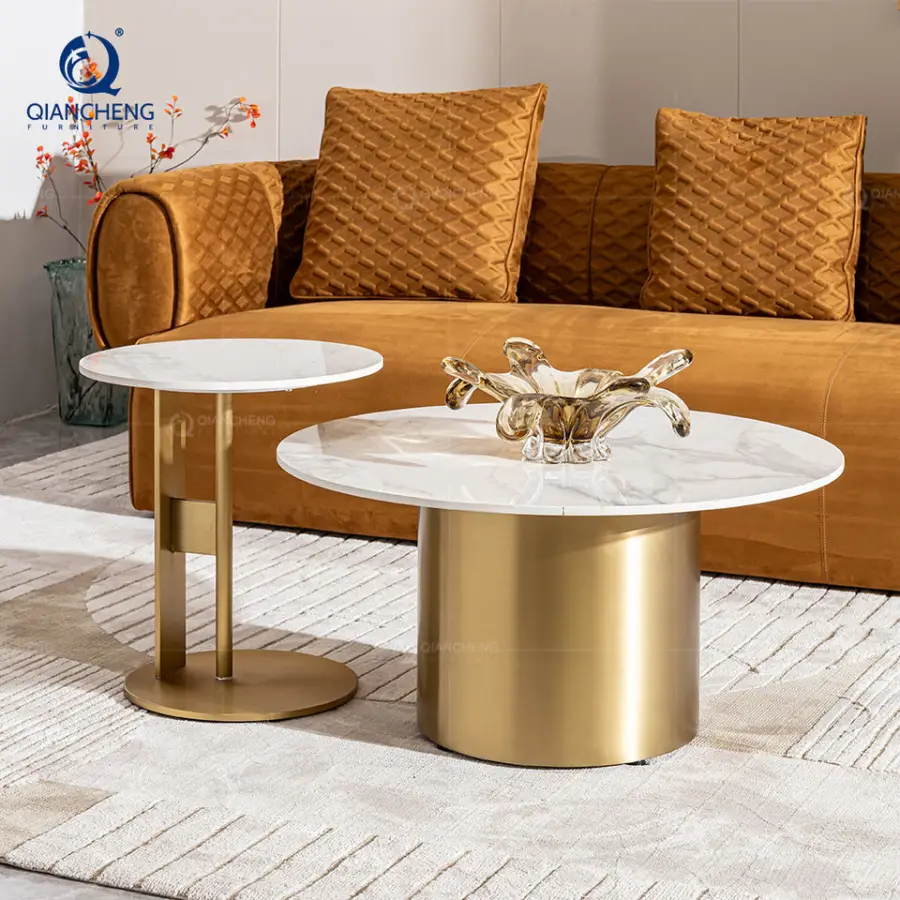 Contemporary Large Round Nesting Sofa Side Coffee Table Set of 2 Nordic Minimalist Luxury Rock Board End Table for Living Room — image 3