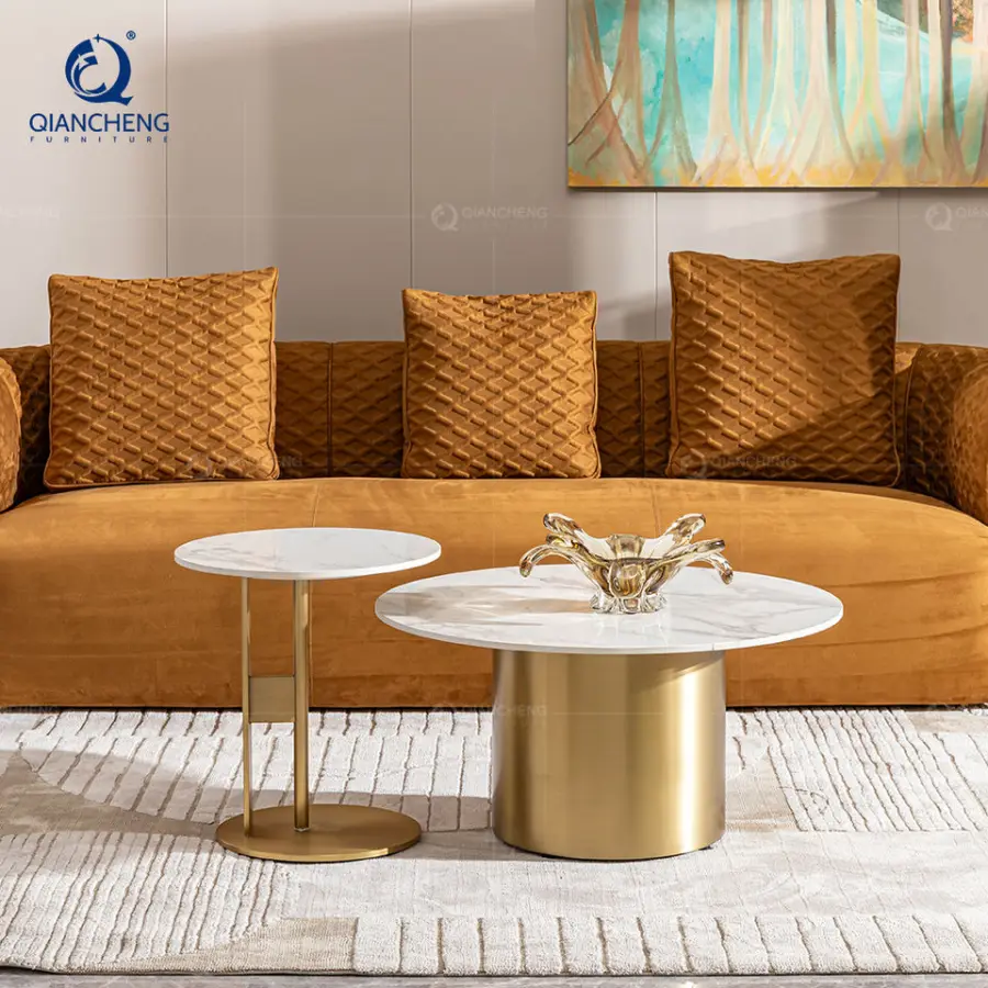 Contemporary Large Round Nesting Sofa Side Coffee Table Set of 2 Nordic Minimalist Luxury Rock Board End Table for Living Room — image 4