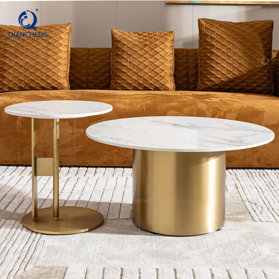 Contemporary Large Round Nesting Sofa Side Coffee Table Set of 2 Nordic Minimalist Luxury Rock Board End Table for Living Room — image 5