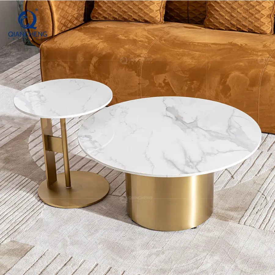 Contemporary Large Round Nesting Sofa Side Coffee Table Set of 2 Nordic Minimalist Luxury Rock Board End Table for Living Room — image 6