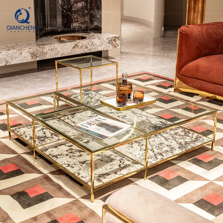 QIANCHENG Large square Glass Coffee Tables Guangdong Hotel Furniture Modern Glass and Stainless Steel Coffee Table — view 1