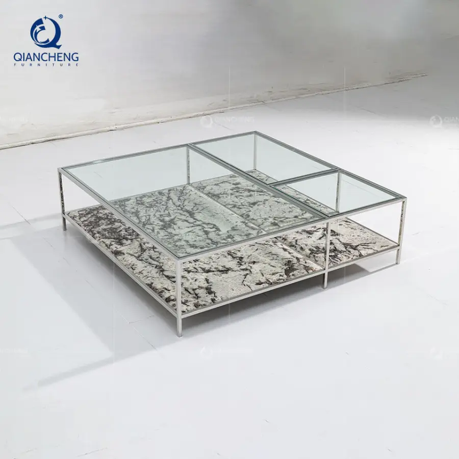 QIANCHENG Large square Glass Coffee Tables Guangdong Hotel Furniture Modern Glass and Stainless Steel Coffee Table — image 3