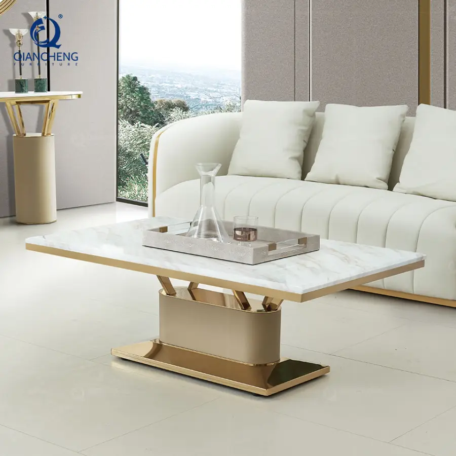 French Provincial Hotel Lobby Gold Hammered Coffee Sofa Table Decorations for Living Room Marble Top Center Table Made i — view 1