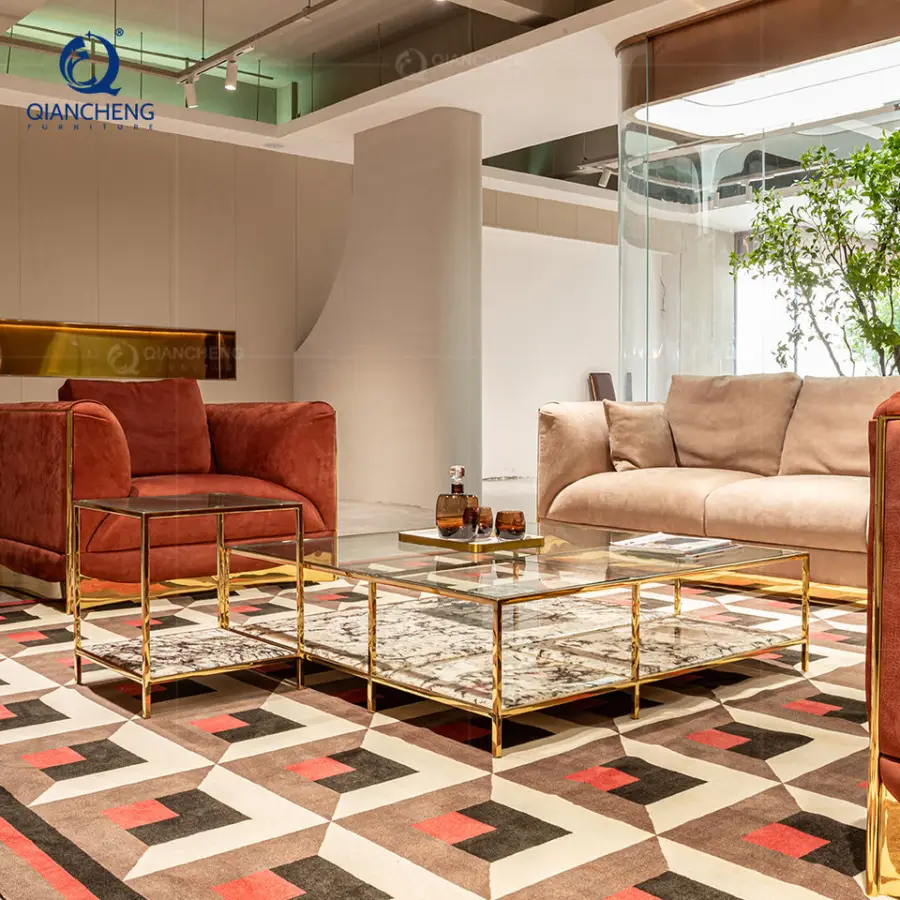 QIANCHENG Large square Glass Coffee Tables Guangdong Hotel Furniture Modern Glass and Stainless Steel Coffee Table — image 4