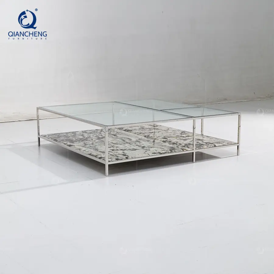 QIANCHENG Large square Glass Coffee Tables Guangdong Hotel Furniture Modern Glass and Stainless Steel Coffee Table — image 5