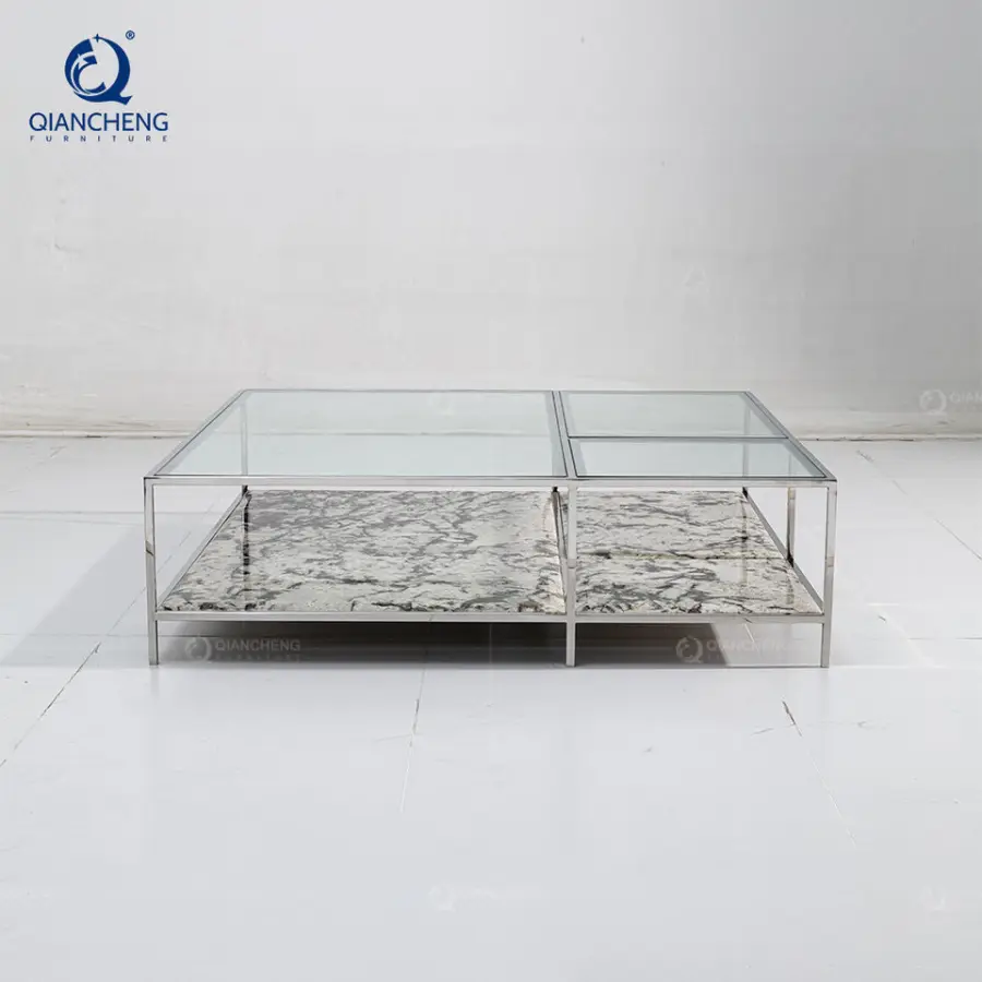 QIANCHENG Large square Glass Coffee Tables Guangdong Hotel Furniture Modern Glass and Stainless Steel Coffee Table — image 6