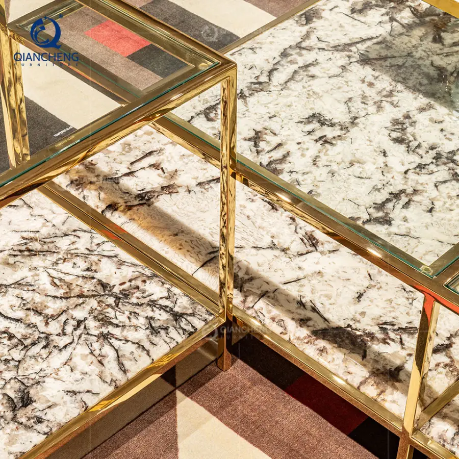 QIANCHENG Large square Glass Coffee Tables Guangdong Hotel Furniture Modern Glass and Stainless Steel Coffee Table — image 7
