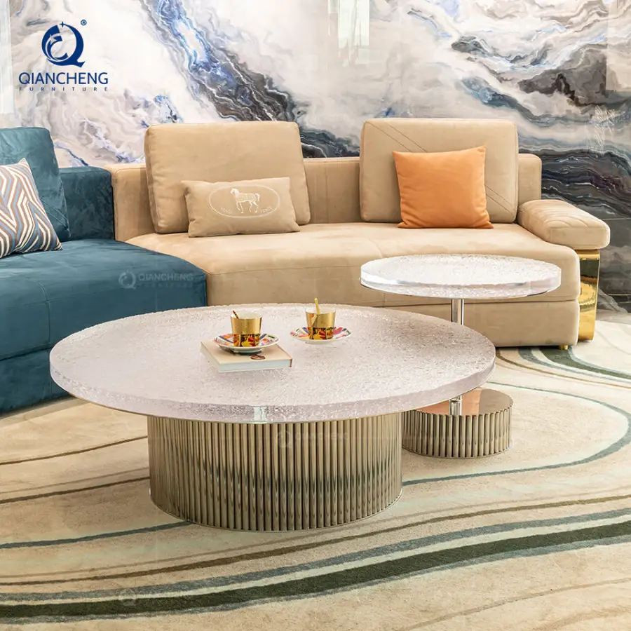 Luxury Modern Simple Curved Acrylic Coffee Table Set Furniture From China Wholesale Coffee Table with Stainless Steel Ba — view 1
