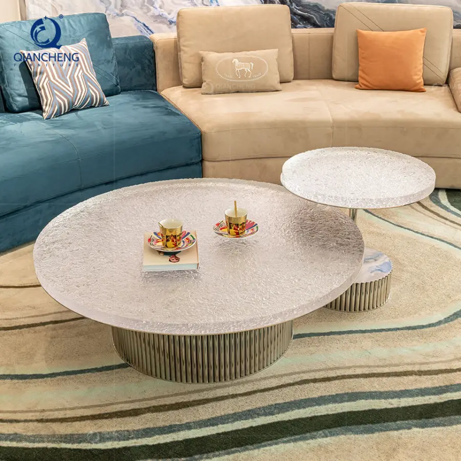 Luxury Modern Simple Curved Acrylic Coffee Table Set Furniture From China Wholesale Coffee Table with Stainless Steel Base — image 3