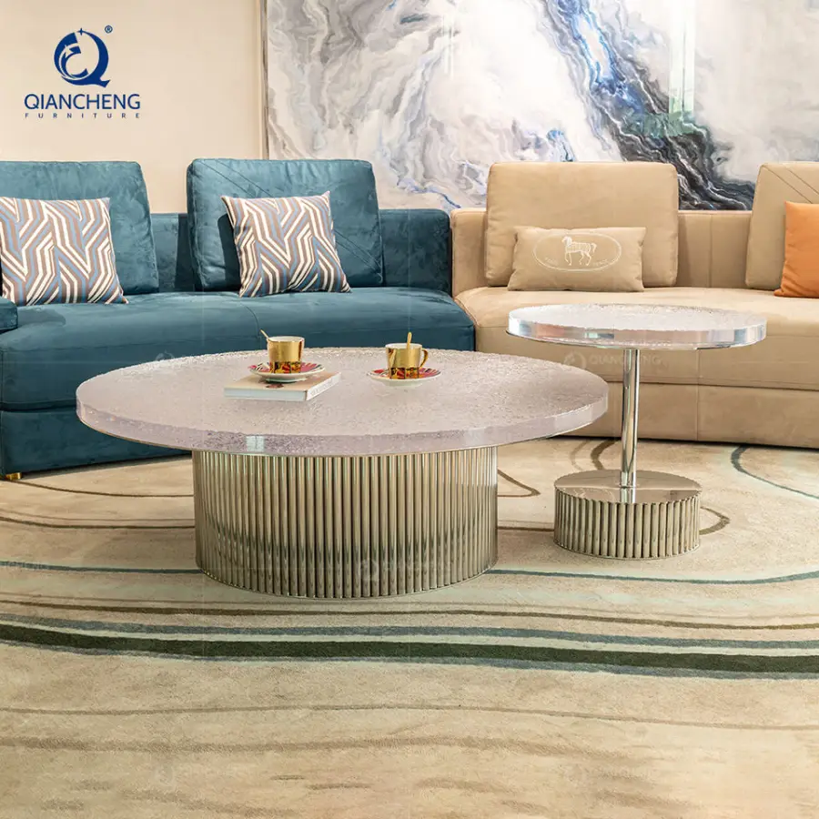 Luxury Modern Simple Curved Acrylic Coffee Table Set Furniture From China Wholesale Coffee Table with Stainless Steel Base — image 5