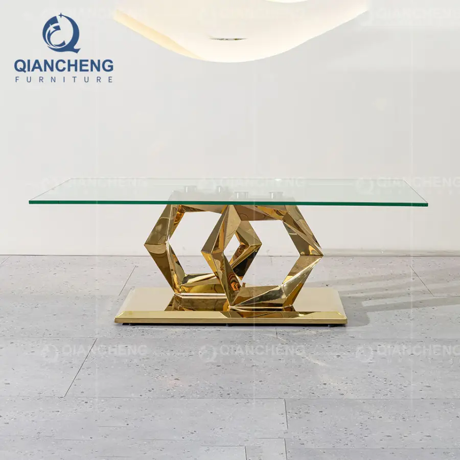 China Manufacturer High Quality Gold Coffee Table Modern Living Room Furniture Popular 10mm Thick Full Fiber Glass Coffee Table — image 4
