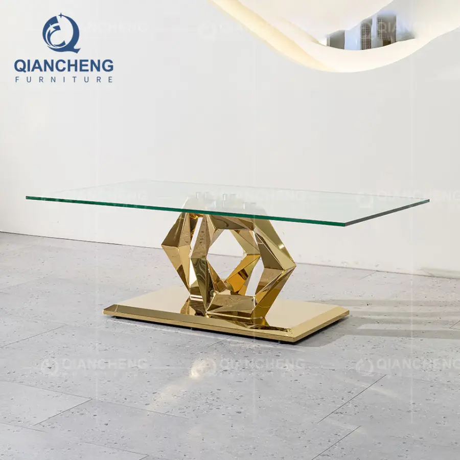 China Manufacturer High Quality Gold Coffee Table Modern Living Room Furniture Popular 10mm Thick Full Fiber Glass Coffee Table — image 5