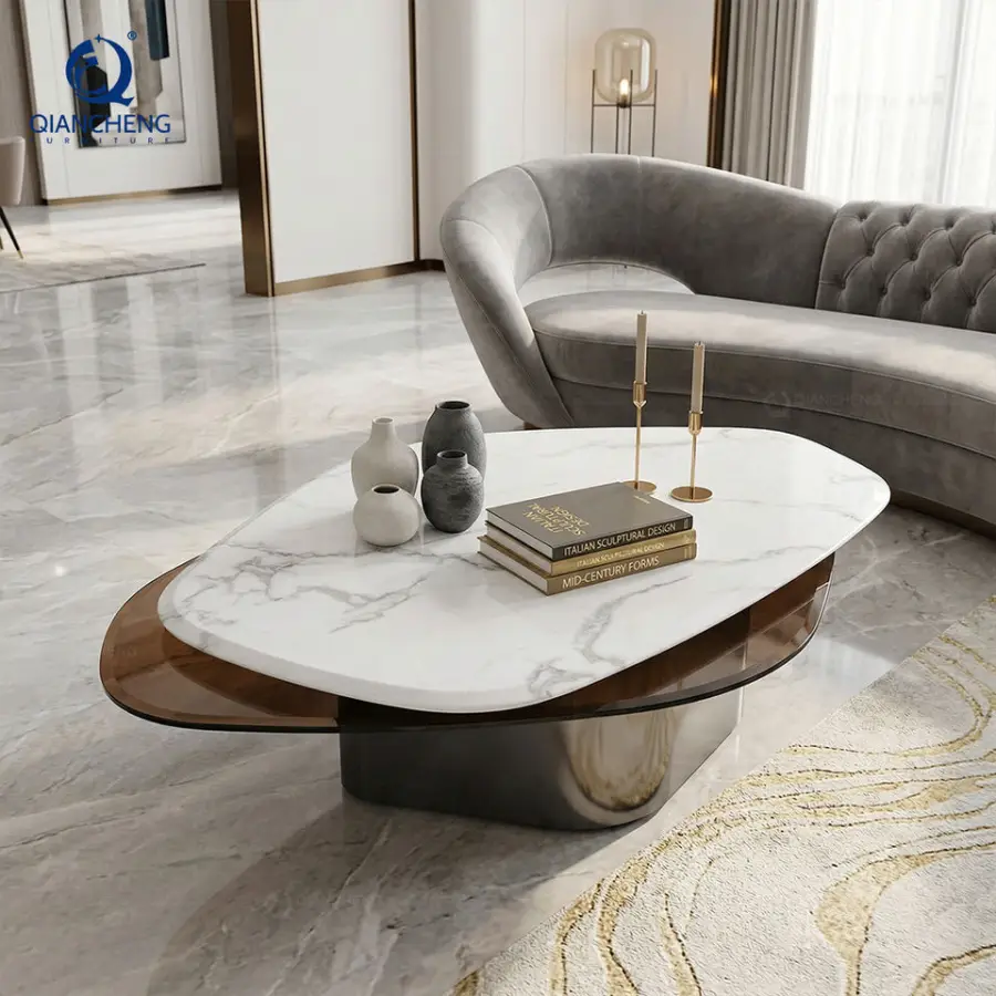 New Home Living Furniture Decor Rotating End Table Hotel Special-shaped Stainless Steel Marble Glass Coffee Table of the Room — image 3