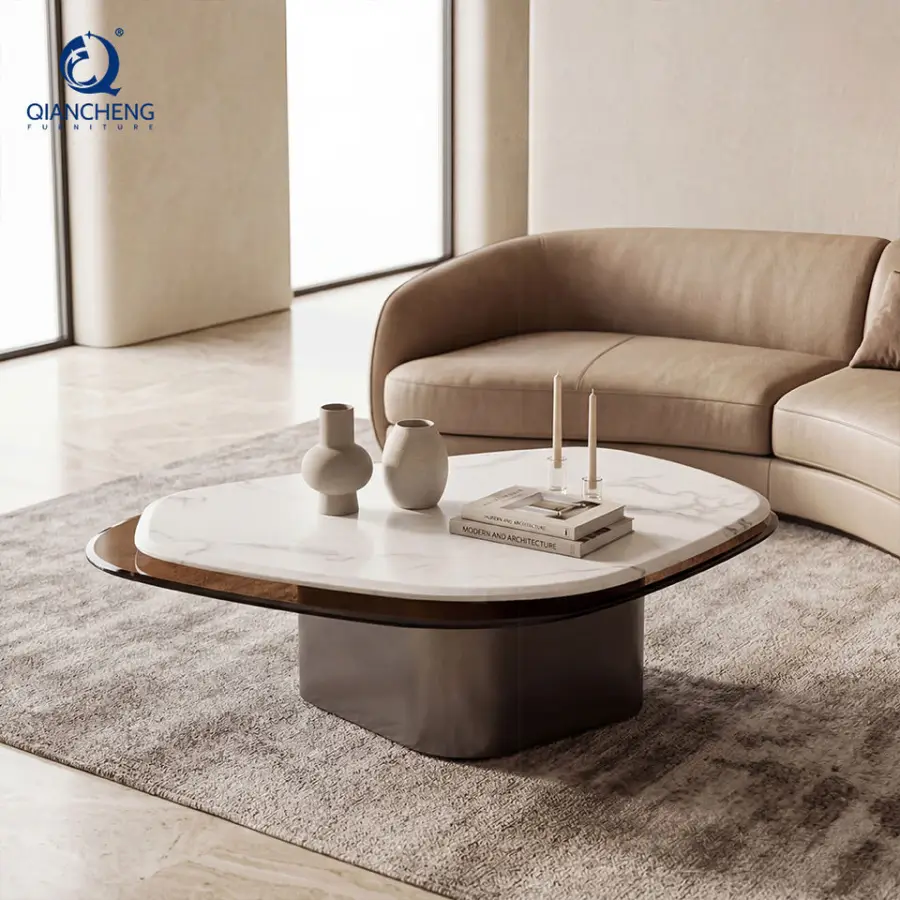 New Home Living Furniture Decor Rotating End Table Hotel Special-shaped Stainless Steel Marble Glass Coffee Table of the Room — image 4