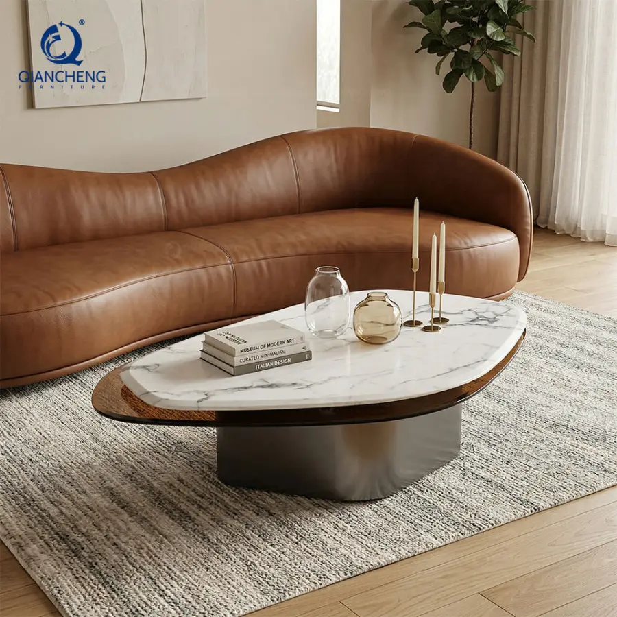 New Home Living Furniture Decor Rotating End Table Hotel Special-shaped Stainless Steel Marble Glass Coffee Table of the Room — image 5