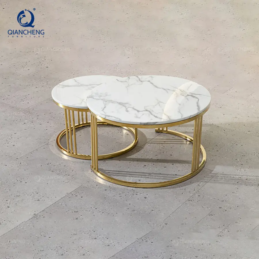 Luxury Coffee Table Living Room Furniture Marble Table Top Gold Metal Stainless Steel Round Coffee Table — view 1