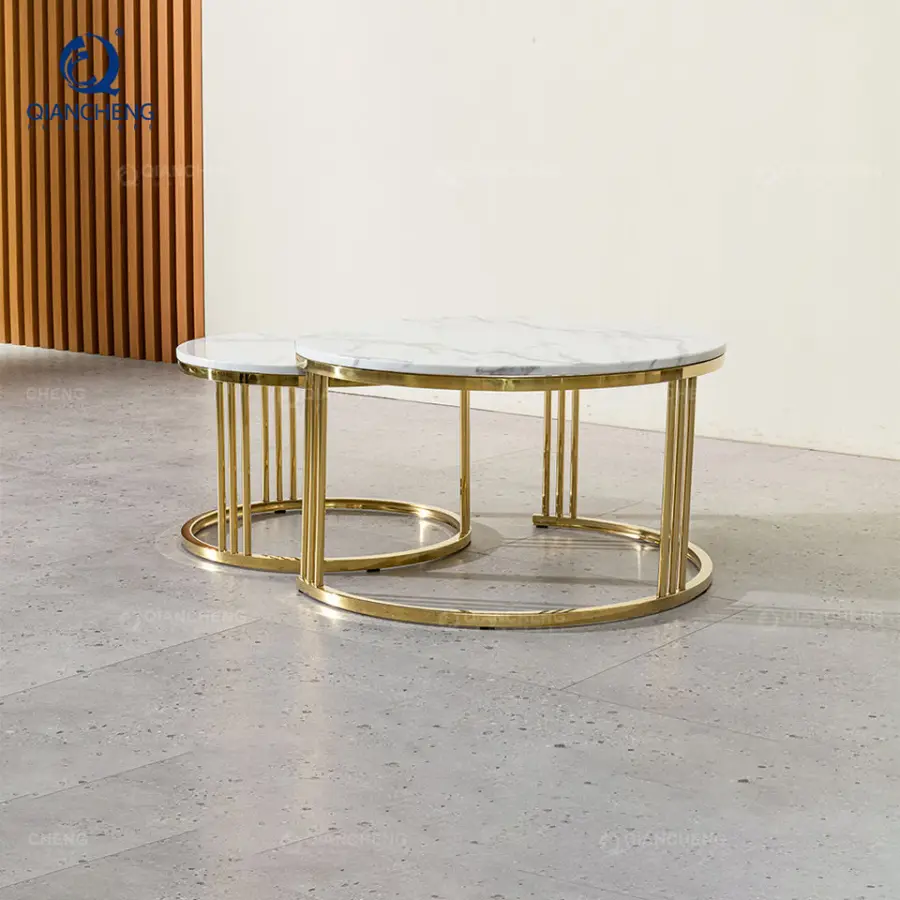 Luxury Coffee Table Living Room Furniture Marble Table Top Gold Metal Stainless Steel Round Coffee Table — image 4