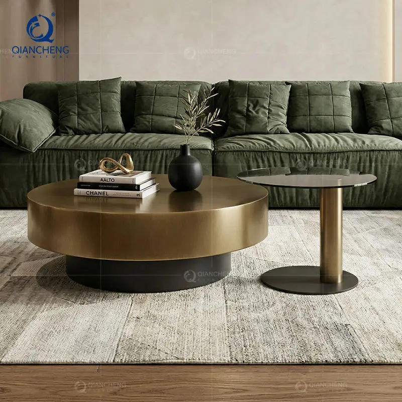 QIANCHENG Modern Ethiopian Coffee Table Set Brown Stainless Nordic Tea Round Brass Accent Tables Set — view 1