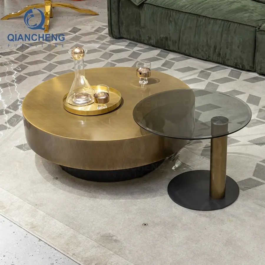 QIANCHENG Modern Ethiopian Coffee Table Set Brown Stainless Nordic Tea Round Brass Accent Tables Set — image 3