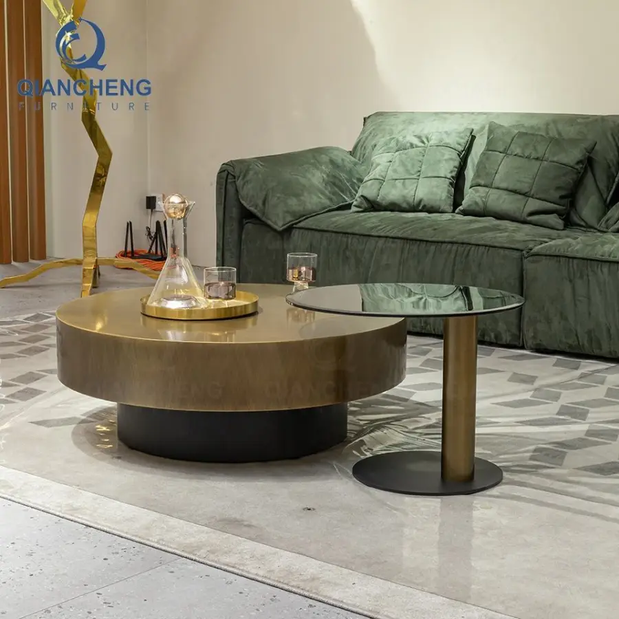 QIANCHENG Modern Ethiopian Coffee Table Set Brown Stainless Nordic Tea Round Brass Accent Tables Set — image 4