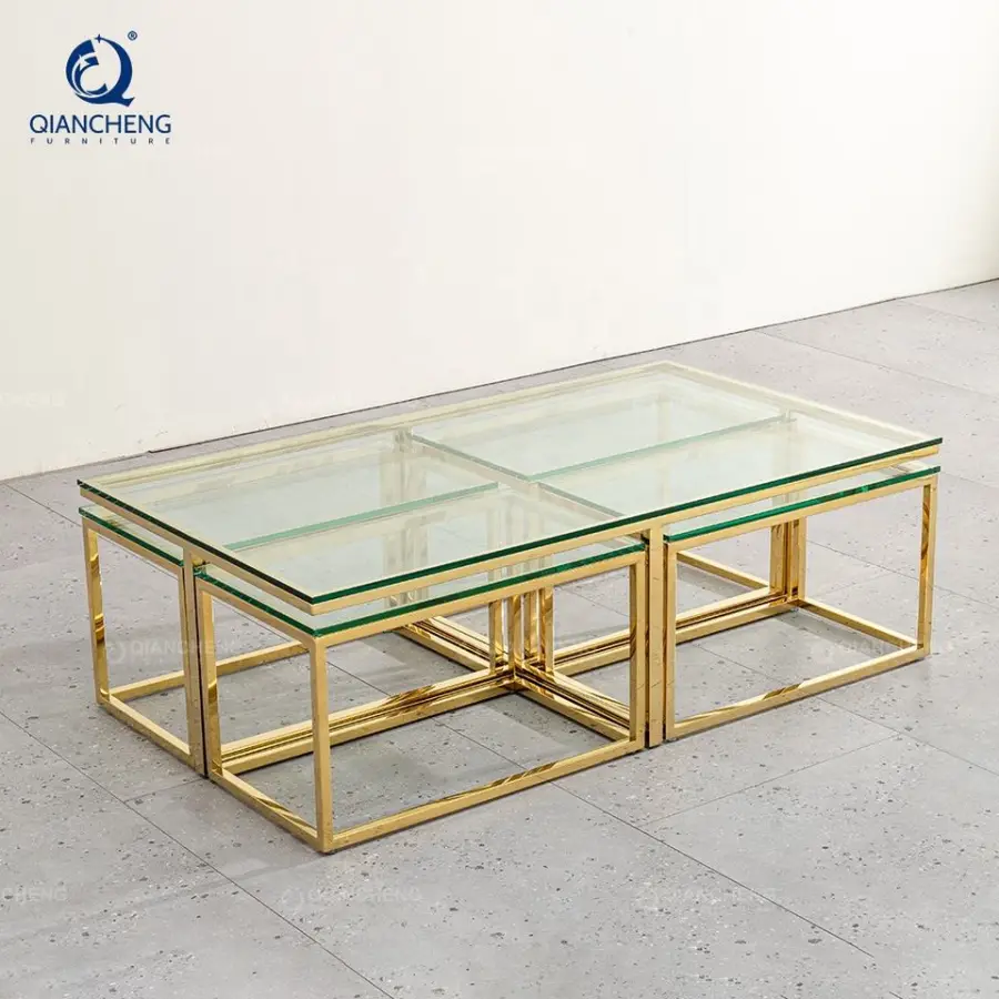 QIANCHENG Mesa De Centro De Cristal De Sala Luxury 5 Pieces Glass Gold Furniture Living Room Accent Coffee Nesting Table — view 1