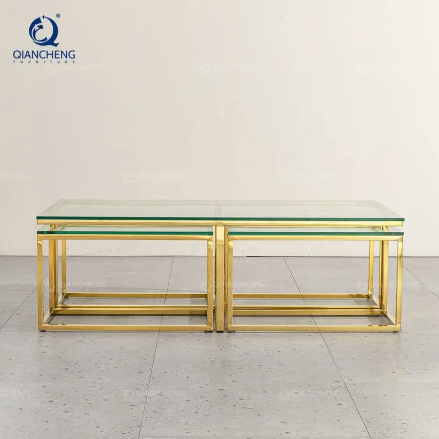 QIANCHENG Mesa De Centro De Cristal De Sala Luxury 5 Pieces Glass Gold Furniture Living Room Accent Coffee Nesting Tables Set — image 3