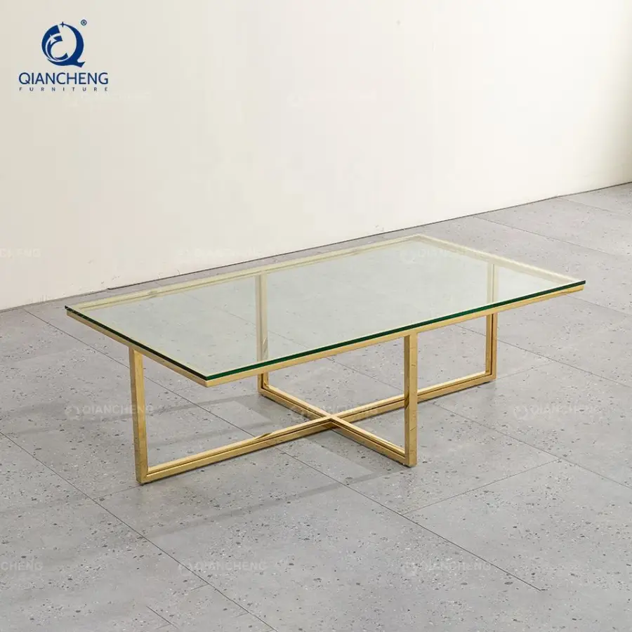 QIANCHENG Mesa De Centro De Cristal De Sala Luxury 5 Pieces Glass Gold Furniture Living Room Accent Coffee Nesting Tables Set — image 4