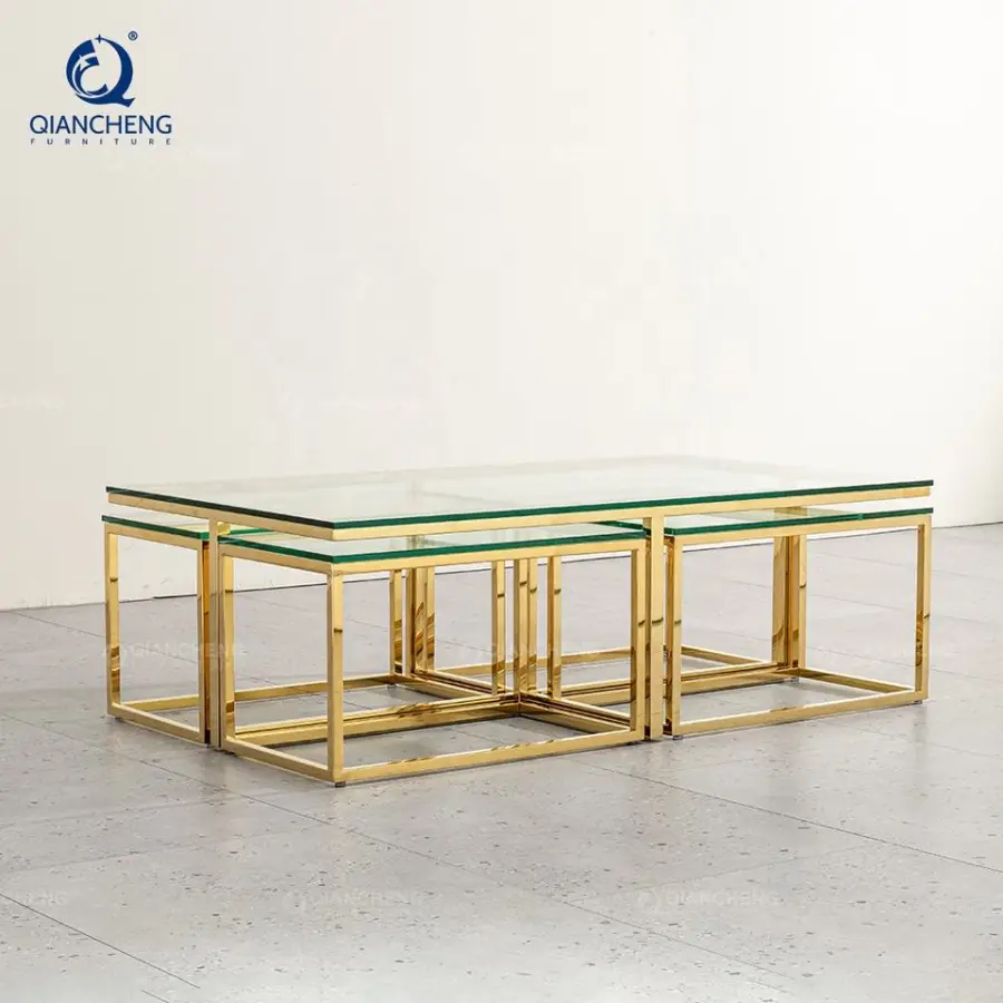 QIANCHENG Mesa De Centro De Cristal De Sala Luxury 5 Pieces Glass Gold Furniture Living Room Accent Coffee Nesting Tables Set — image 5