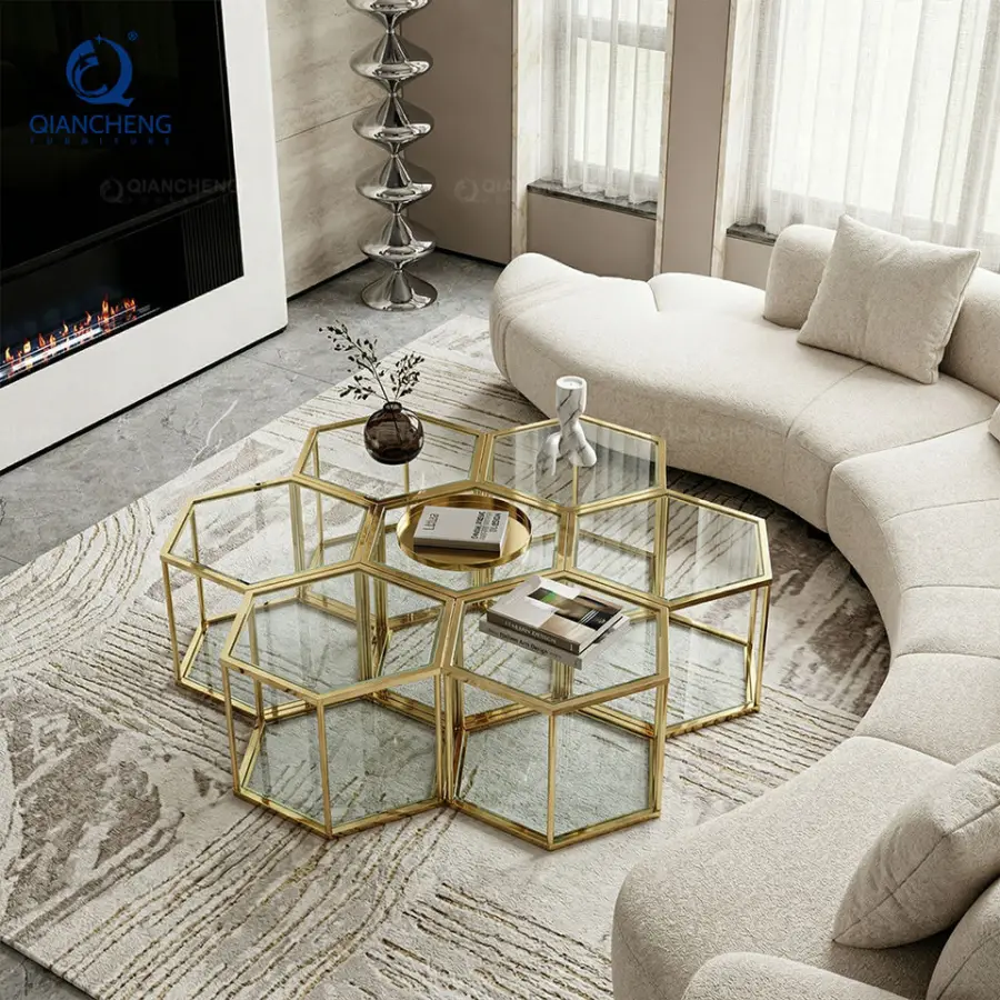 Honeycomb Modern Glass Design Coffee Table Hard Wholesale Import Furniture Glass Top Side Table Golden Tea Coffee Table — view 1