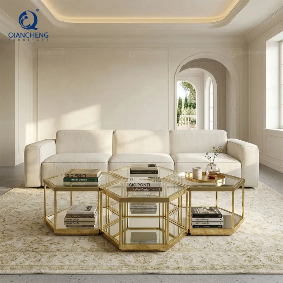 Honeycomb Modern Glass Design Coffee Table Hard Wholesale Import Furniture Glass Top Side Table Golden Tea Coffee Table — image 3