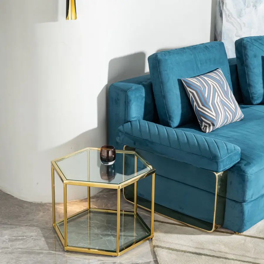 Honeycomb Modern Glass Design Coffee Table Hard Wholesale Import Furniture Glass Top Side Table Golden Tea Coffee Table — image 4