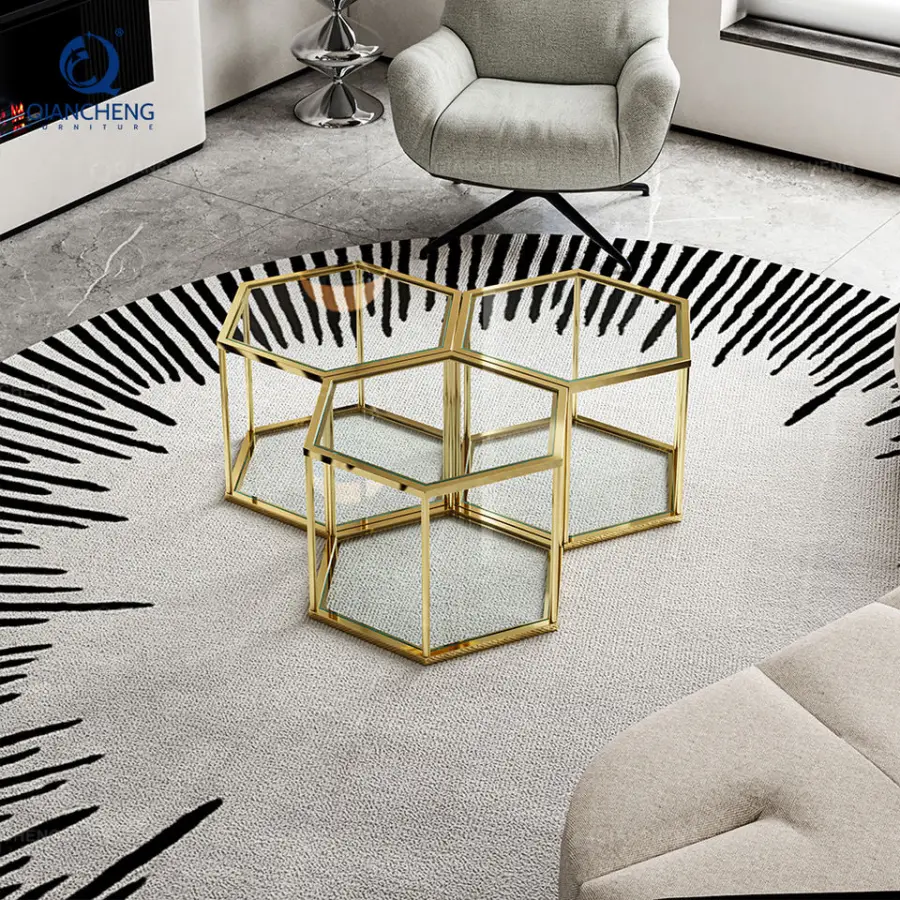 Honeycomb Modern Glass Design Coffee Table Hard Wholesale Import Furniture Glass Top Side Table Golden Tea Coffee Table — image 5