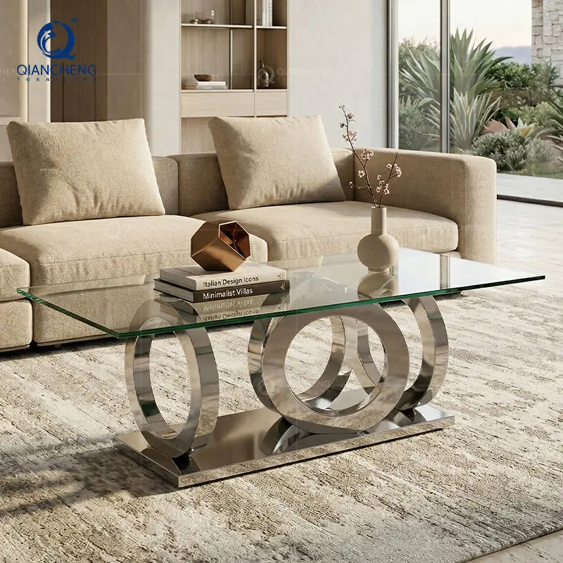 QIANCHENG Living Room Luxury Furniture Gold Stainless Steel Legs Tea Tables Contemporary Metal Glass Coffee Table — view 1