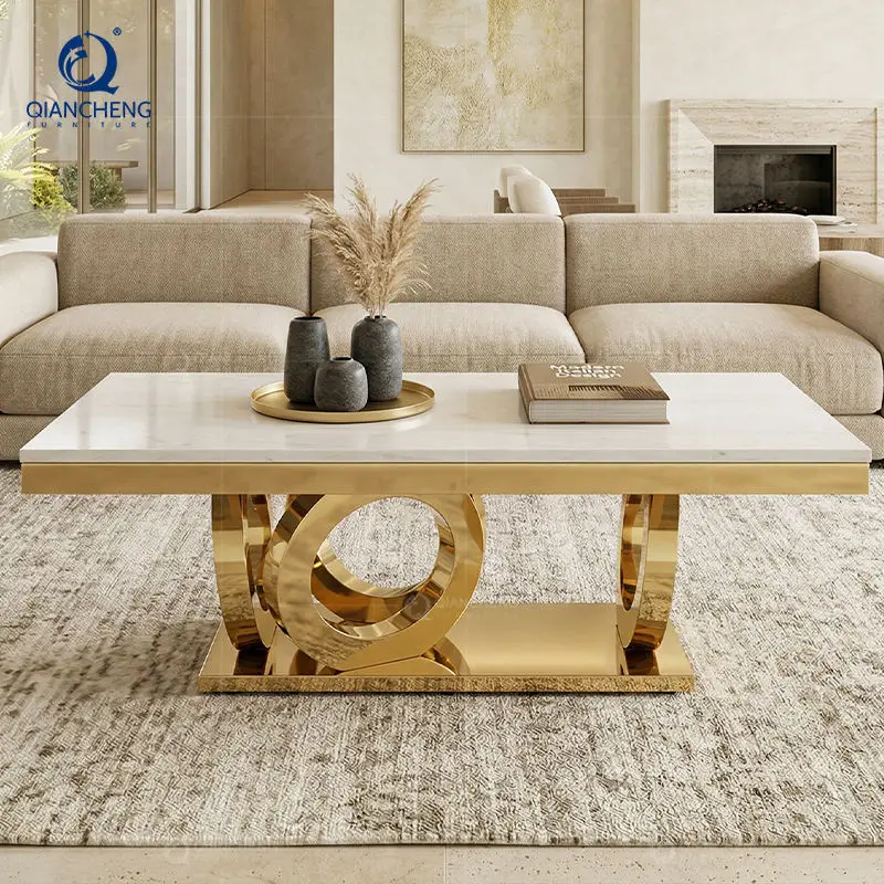 QIANCHENG Living Room Luxury Furniture Gold Stainless Steel Legs Tea Tables Contemporary Metal Glass Coffee Table — view 2
