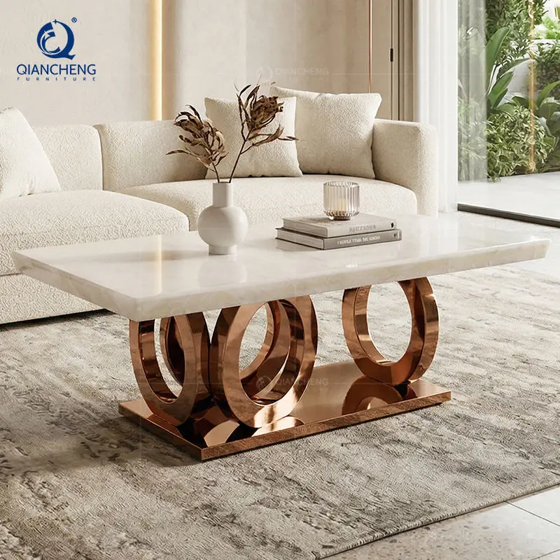 QIANCHENG Living Room Luxury Furniture Gold Stainless Steel Legs Tea Tables Contemporary Metal Glass Coffee Table — view 3