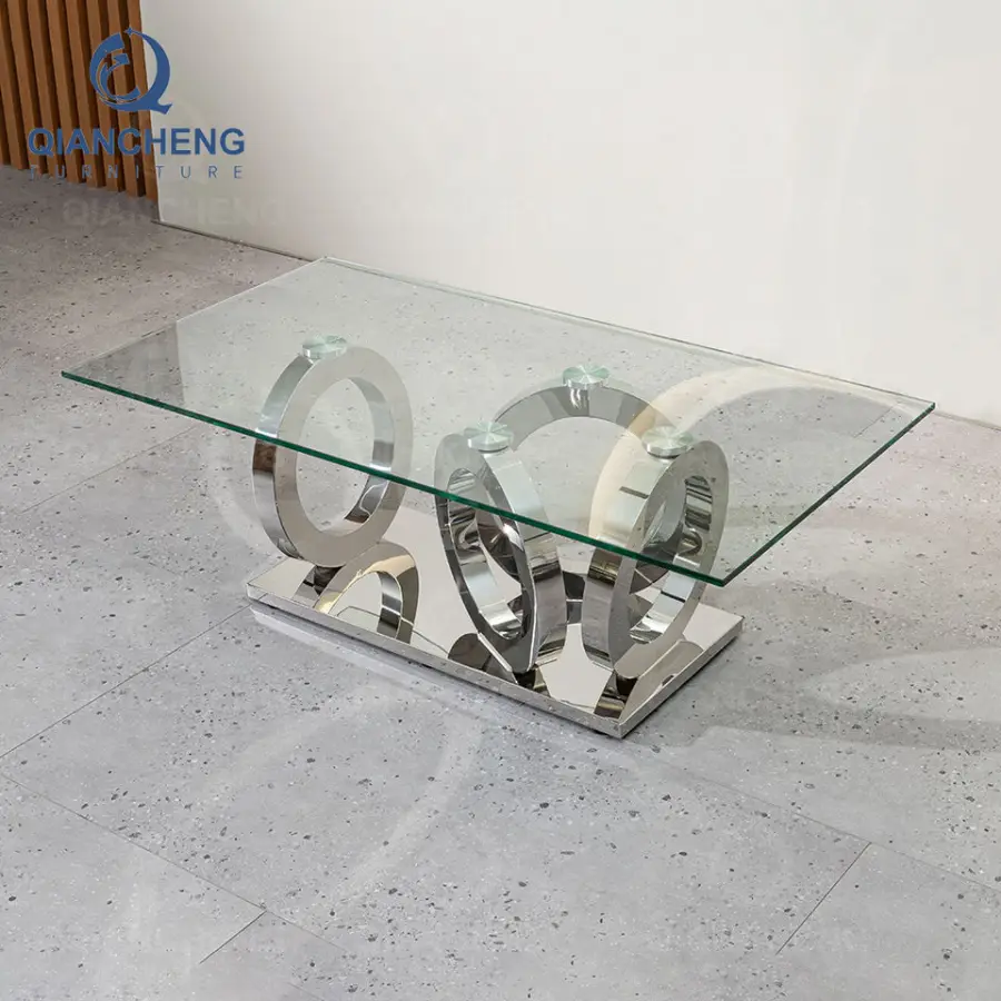 QIANCHENG Living Room Luxury Furniture Gold Stainless Steel Legs Tea Tables Contemporary Metal Glass Coffee Table — view 4