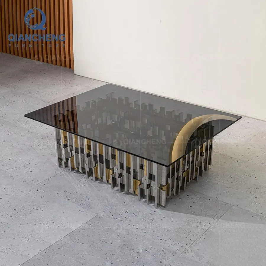 QIANCHENG Nordic Living Room Furniture Luxury Modern Metal Base Ottoman Crystal Black Glass Side Coffee Table — view 1