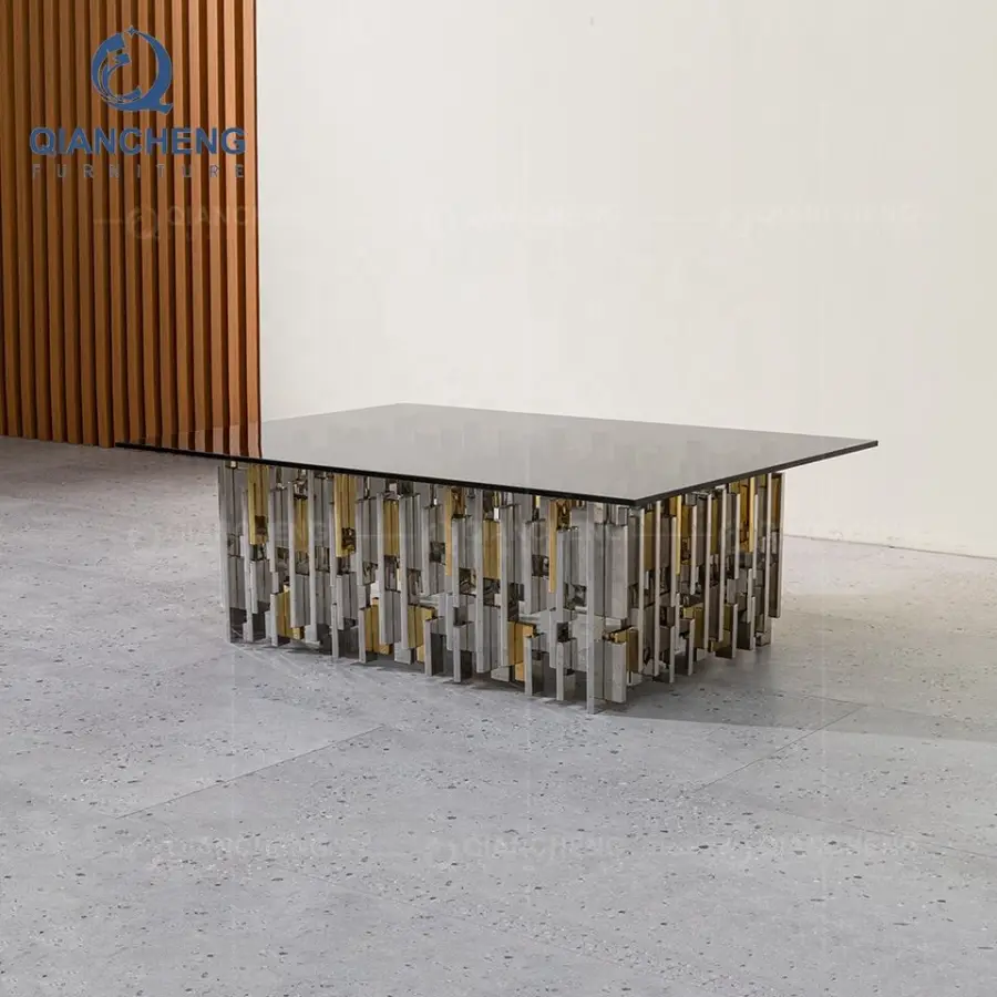 QIANCHENG Nordic Living Room Furniture Luxury Modern Metal Base Ottoman Crystal Black Glass Side Coffee Table — image 4