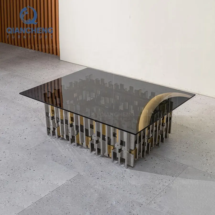 QIANCHENG Nordic Living Room Furniture Luxury Modern Metal Base Ottoman Crystal Black Glass Side Coffee Table — image 6