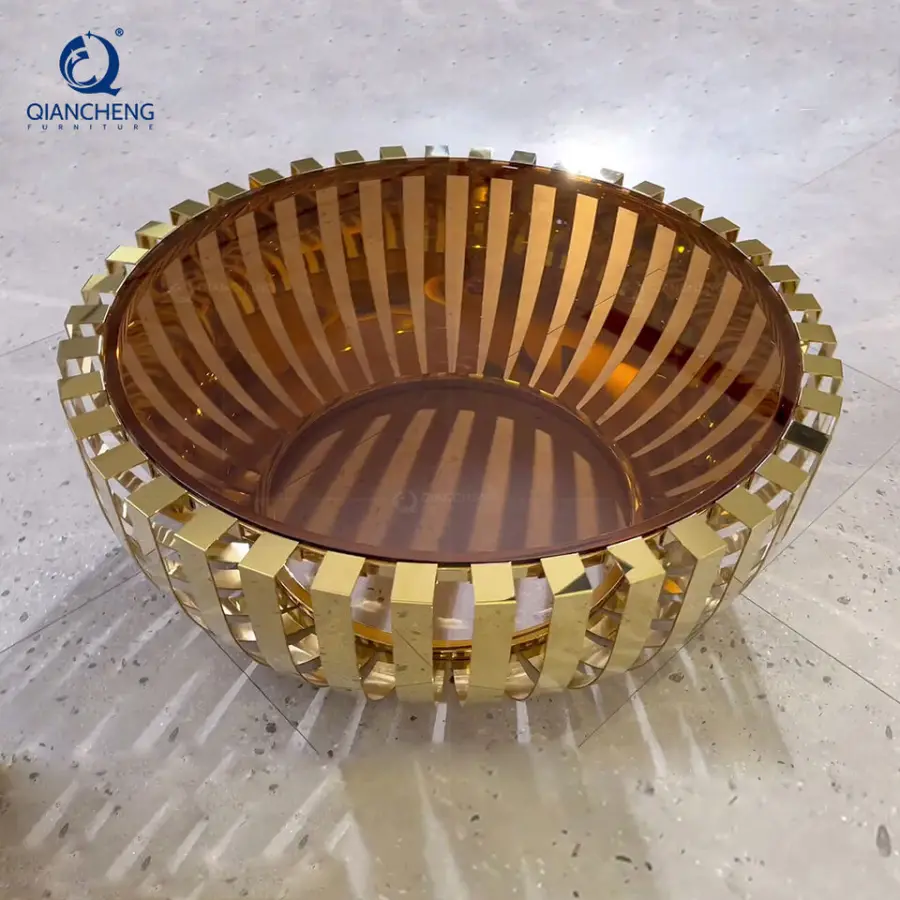 QIANCHENG Custom China Wholesale Round Luxury Coffee Table Living Room Furniture Modern Nightstand Grey clear Glass Cent — view 1