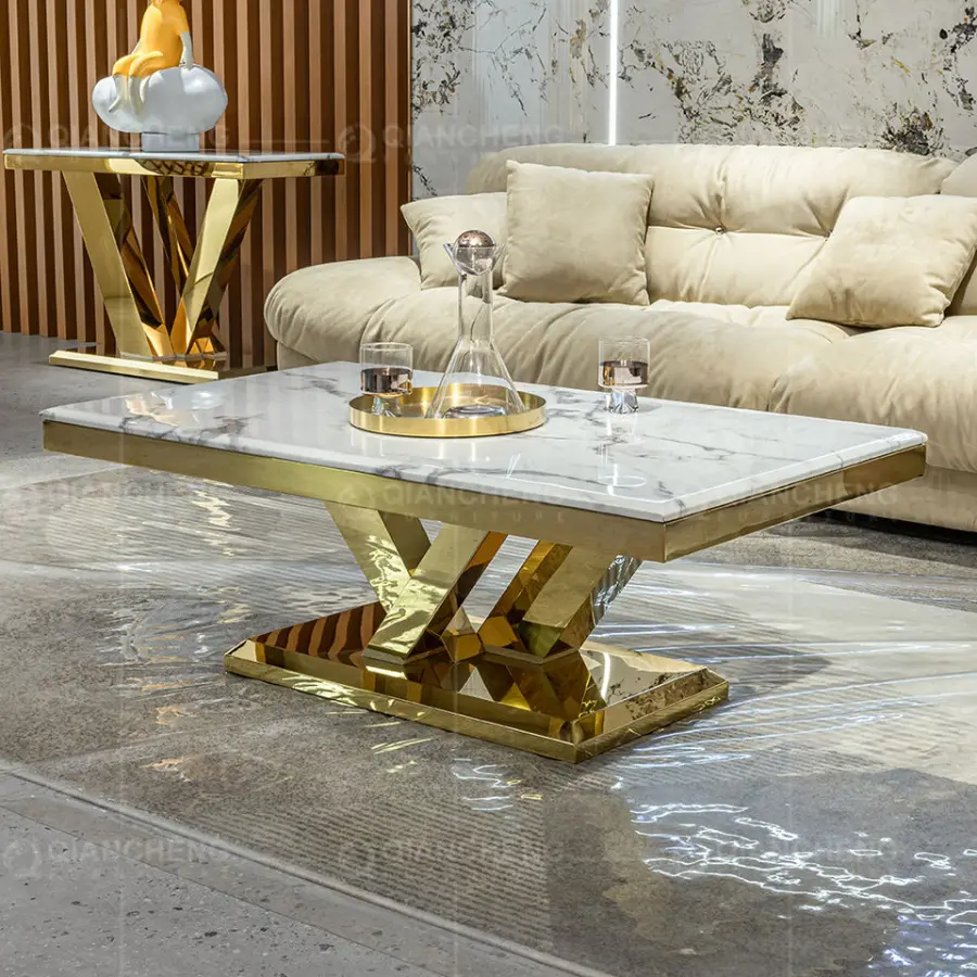 Foshan Factory Living Room Furniture Sets Metal Center Coffee Tables Luxury Mable Coffee Table Gold Color — image 3