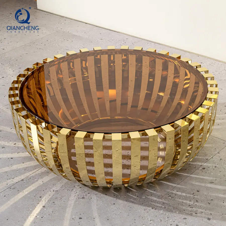 QIANCHENG Custom China Wholesale Round Luxury Coffee Table Living Room Furniture Modern Nightstand Grey clear Glass Center Table — image 3