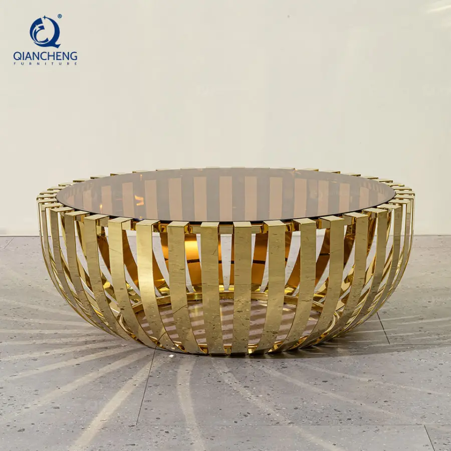 QIANCHENG Custom China Wholesale Round Luxury Coffee Table Living Room Furniture Modern Nightstand Grey clear Glass Center Table — image 4