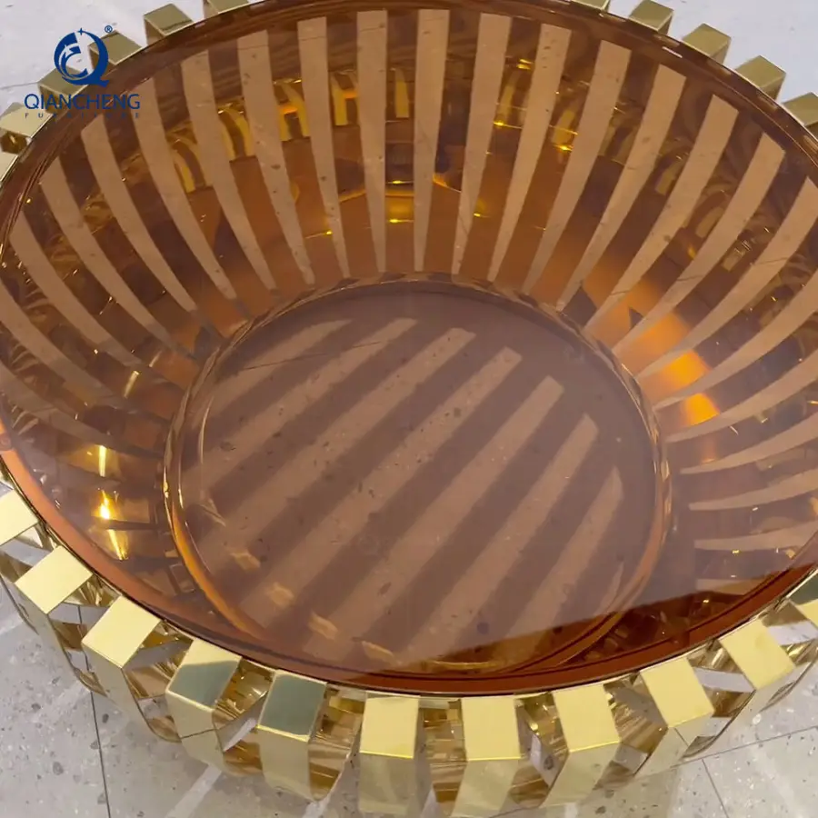 QIANCHENG Custom China Wholesale Round Luxury Coffee Table Living Room Furniture Modern Nightstand Grey clear Glass Center Table — image 5