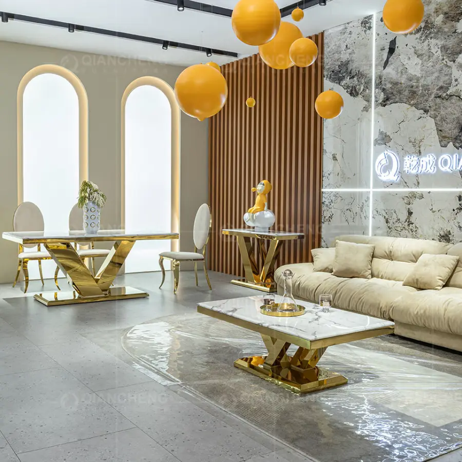 Foshan Factory Living Room Furniture Sets Metal Center Coffee Tables Luxury Mable Coffee Table Gold Color — image 6