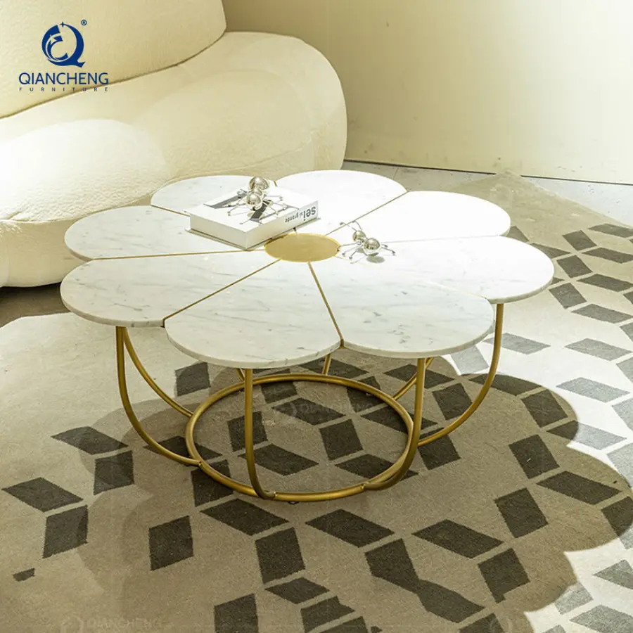 QIANCHENG Living Room Furniture Table Coffee Muebles De Salon Mesa De Centro Acero Inoxidable Flower Natural Marble Cent — view 1