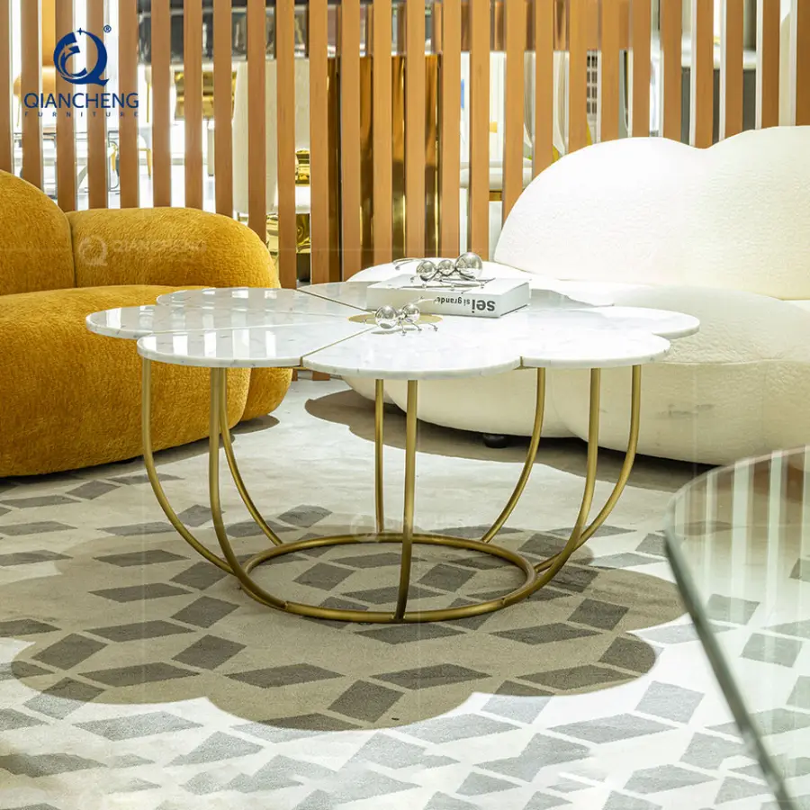 QIANCHENG Living Room Furniture Table Coffee Muebles De Salon Mesa De Centro Acero Inoxidable Flower Natural Marble Centre Table — image 3