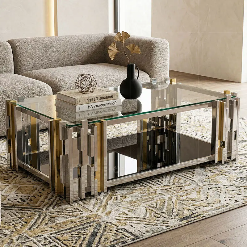 QIANCHENG Furniture Supplier Luxury Home Furniture Fiberglass Mirror Side Center Tables Golden Modern Glass Coffee Table — view 1