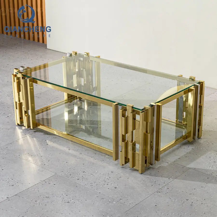 QIANCHENG Furniture Supplier Luxury Home Furniture Fiberglass Mirror Side Center Tables Golden Modern Glass Coffee Table — view 2